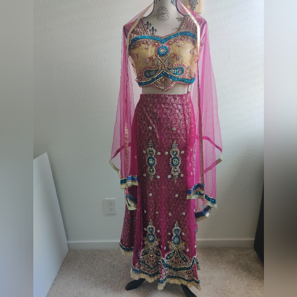 Authentic Y2K Pink Gold & Turquoise Bejeweled Paisley Saree 🥻 Made in India_32